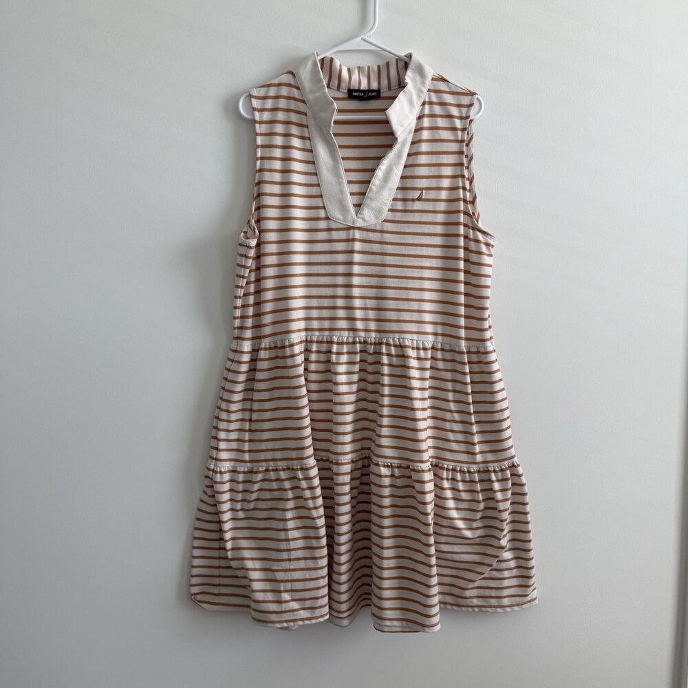 Nautica Jeans Women Knit Dress Tiered Striped Pockets Collared Beach Coastal XL
